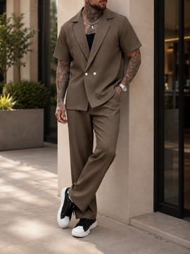 Men's 2 Piece Double Breasted Blazer Set – Short Sleeve Collar Blazer &amp; Wide Leg Pants Matching Suit