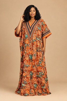 Women’s Rust Orange African Print Kaftan Dress – Geometric Pattern Bubu Maxi Gown with Wide Sleeves