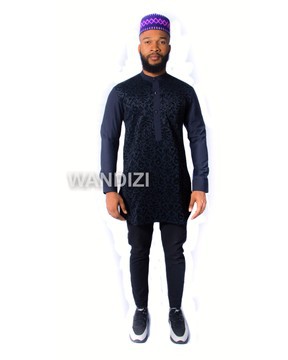 Blue Half Collar Dress Shirt with Velvet Embossed Pattern, African Men Shirt