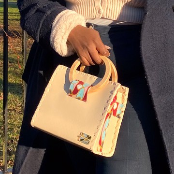 Cream Vegan Leather Handbag with Wooden Handles , Pink Floral Print