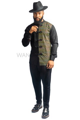Black Mandarin Collar Ankara Dress Shirt, Mens Dress Shirt, Mens Clothing, Ankara Shirt