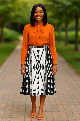 African Print Tribal Skirt | Midi Length White &amp; Black