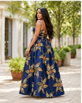 Blue Ankara Maxi Dress/Elegant Backless Maxi Gown | Wedding Guest Dress