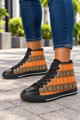 Terracotta tribal mudcloth Women's Classic High Top Canvas Shoes | Terracotta African Print Sneakers