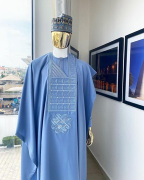 A corn flower blue agbada, hand knitted Fulani hat, kaftan &amp; sokoto
