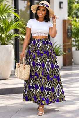 Jupes longues en mousseline pour femme avec doublure et motif losanges rétro Ankara | Jupe longue violette
