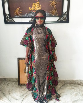 Gorgeous African Woman Sequinned Wedding Flower Kaftan Long Dress with Scarf/Special occasions