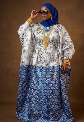 Blue &amp; Silver Floral Kaftan – Elegant African Boubou with Statement Print