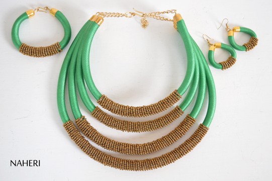 African inspired beaded layered necklace earrings bracelet set | Handmade green neck piece