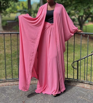 Pink Two Piece Oversized Crepe Maxi Cardigan Top and Wrap Skirt Set