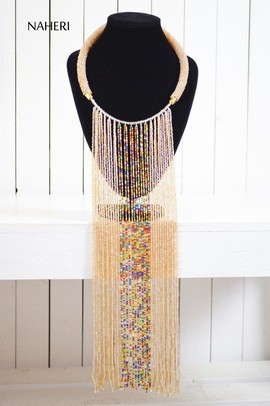 African beaded fringe necklace multicolored handmade jewelry