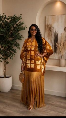 Robe caftan longue pour femme à imprimé adire marron et doré, avec ourlet à franges en similicuir suédé – robe maxi batik
