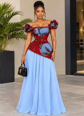 Women's Red Ankara Corset Bodice &amp; Blue Chiffon Maxi Dress – Off-Shoulder Flower Sleeve Gown