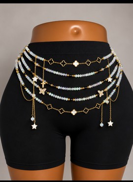 Perles de taille irisées personnalisées – Chaîne de taille avec breloques dorées en forme de trèfle, d’étoile et de papillon