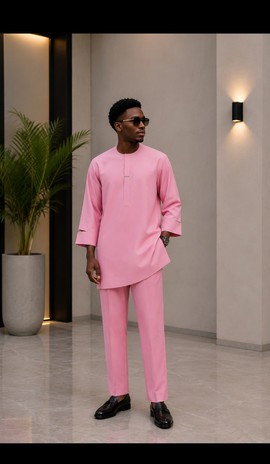 Ensemble sénateur rose pour homme avec ourlet asymétrique – tenue traditionnelle deux pièces à manches longues