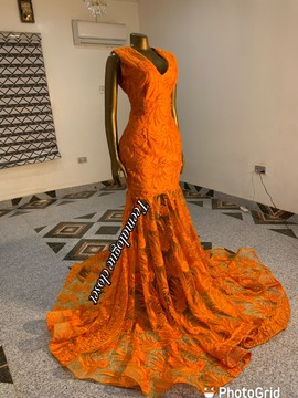 Orange prom dress, Dinner gown, Orange mermaid v-neck evening dress