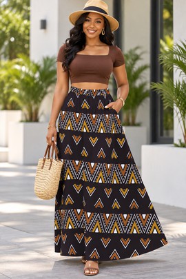 Jupes longues en chiffon à imprimé géométrique Bogolan pour femme avec doublure | Jupe longue Bogolan | Bynelo