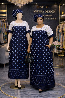 Blue Ankara Long Bubu Dress with Headwrap