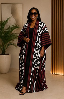 Women's Black &amp; White Abstract Print Kimono Duster with Aso Oke Striped Trim – Open Front Cover Up