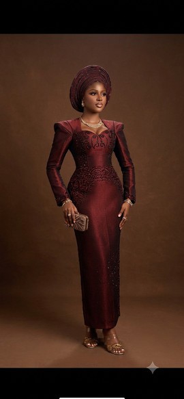Women's Structured Burgundy Aso Oke Gown