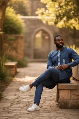 Ensemble Kaftan Moderne  – Coupe Ajustée &amp; Broderies Géométriques
