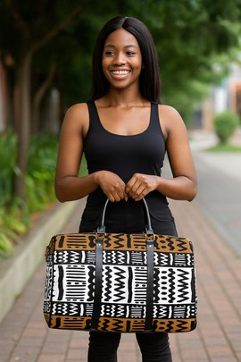 African Leather Bag for Travel Doodle Kuba Pattern
