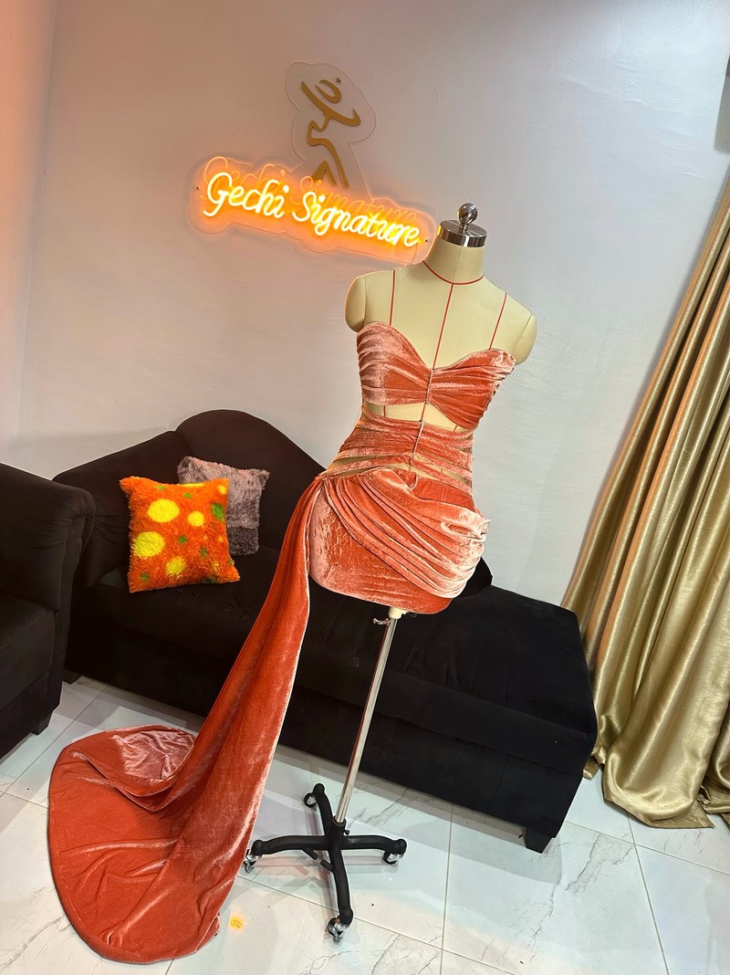 Peach velvet birthday dress, sexy short dress with train, short engagem -  ANKA
