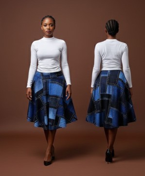 Jupe midi chic en patchwork de denim