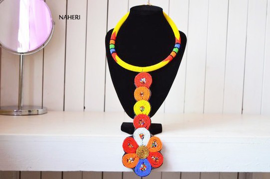 African Beaded Maasai Yellow Necklace | Zulu Beaded Necklace | Tiered &amp; Tribal