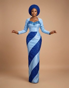 Stunning Two-Tone Blue Handwoven Aso-Oke Long Gown with Matching Gele