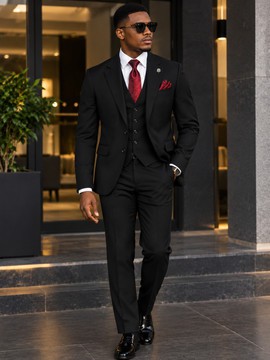Costume noir 3 pièces pour homme – Veste de costume classique, gilet et pantalon, costume habillé en mélange de laine