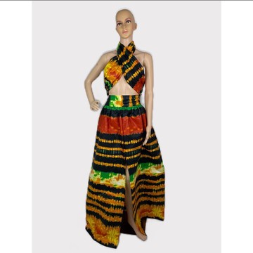 Jupe longue multicolore tie-dye à imprimé africain Ankara et haut court noué sur le devant