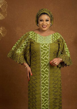 Olive Green Swiss Voile Lace Bubu Gown with Rhinestone Detail &amp; Matching Gele