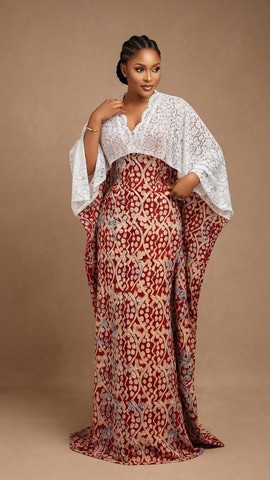 Crimson Adire Print and White Lace Overlay Flowing Maxi Caftan Dress