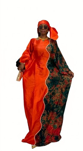 Elegant Orange African Kaftan Dress – Luxury batik Maxi Dress with Headscarf for Women