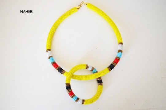 African Maasai Beaded Necklace | Yellow Zulu necklace with matching bracelet