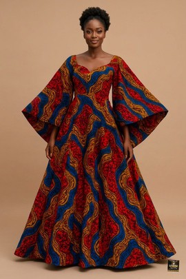 Ankara Regal Flare Sweetheart Maxi Dress with Kimono Sleeves for Wedding receptions etc