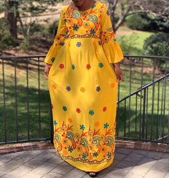 Yellow Embroidered Floral Print Wide Bell Sleeve Cotton Maxi Dress
