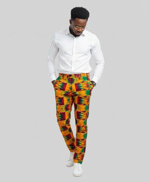 Men's Vibrant Kente Cloth Slim-Fit Trousers - African Print Casual Dress Pants