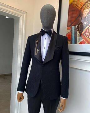 A Charcoal Black Floral Jacquard shawl lapel tuxedo suit