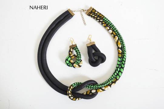 African print rope necklace and earrings set. Ankara print fabric jewelry