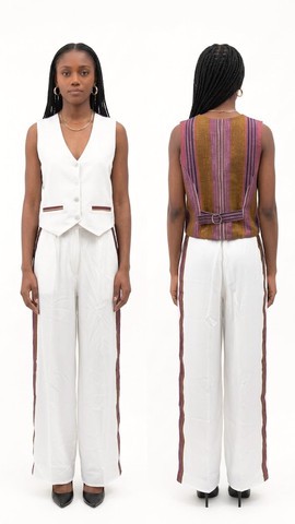 White &amp; Cognac Handwoven Aso Oke Waistcoat and Trouser Set