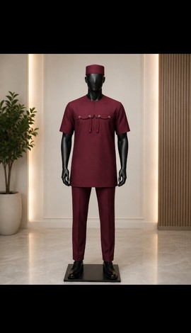 Ensemble sénateur bordeaux pour homme avec détail poitrine à cordon de serrage et casquette assortie – Tenue traditionnelle deux pièces