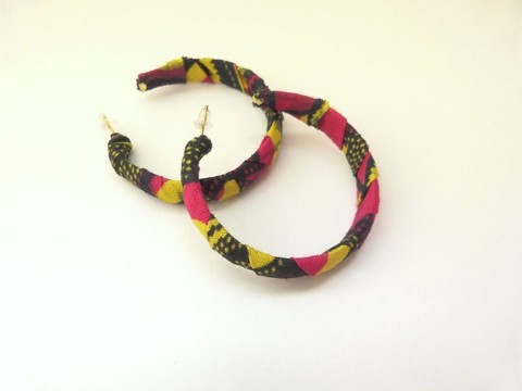 CREOLES n°4 - WAX - Fabric earrings Fuchsia pink Black Yellow