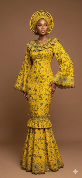 Robe longue évasée en dentelle à fleurs orange et bleu sarcelle