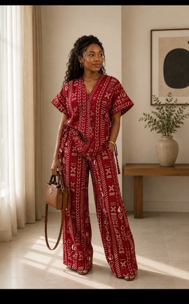 Ensemble pour femme avec haut cache-cœur à imprimé bogolan rouge et pantalon large – Ensemble à manches kimono à imprimé tribal