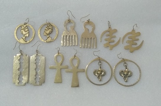 African brass earrings, 6 pairs of brass earrings, handmade earrings