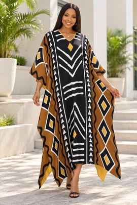 Robe midi à col en V et manches courtes pour femme en imprimé africain | Robe midi en imprimé africain | Bynelo