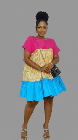 Bimbo Pink and Yellow Ruffled Dress with Blue Trim