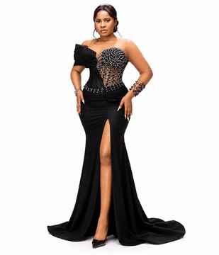 Robe sirène noire de luxe brodée de perles à la main, pour bal de fin d’année, réception, anniversaire et gala